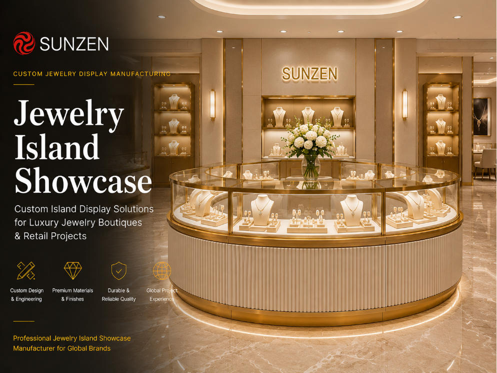 Luxury custom jewelry island showcase manufactured by SUNZEN for jewelry boutiques and flagship retail stores